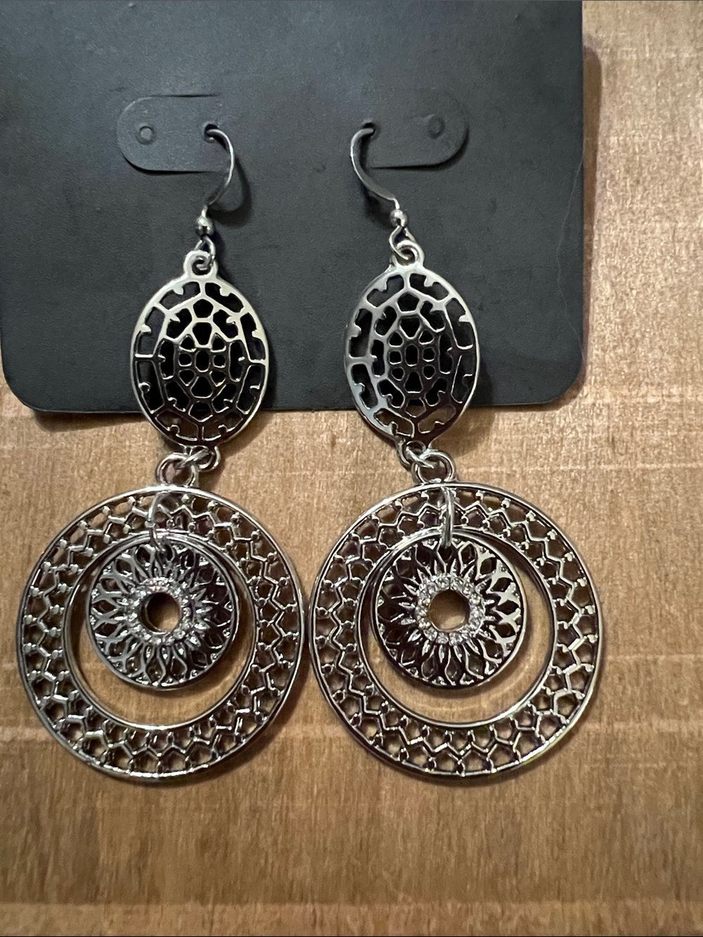 3/$18 Silver Filigree Double-Drop Hoop Earrings Lot 743